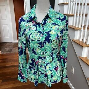 Caribbean Joe Women’s Small Lightweight Button Up Polyester Shirt Green Blue